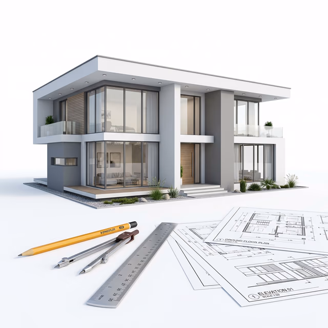 Maquette 3D maison moderne avec plans architecturaux